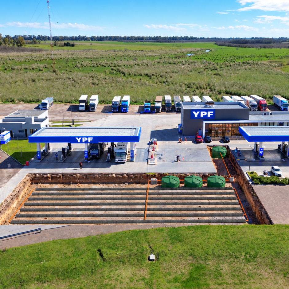 Vista aérea de la instalación del sistema de tratamiento de efluentes cloacales SeptKit en la estación de servicio YPF de Ruta 2, km 80